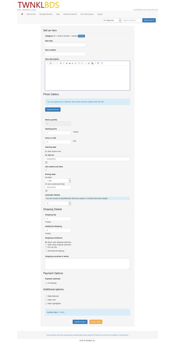 TWNKLBDS auction listing form