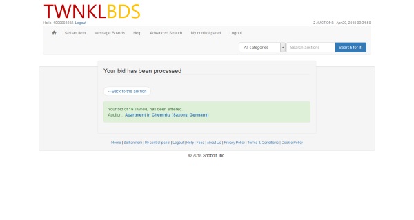 TWNKBDS place a bid confirmation